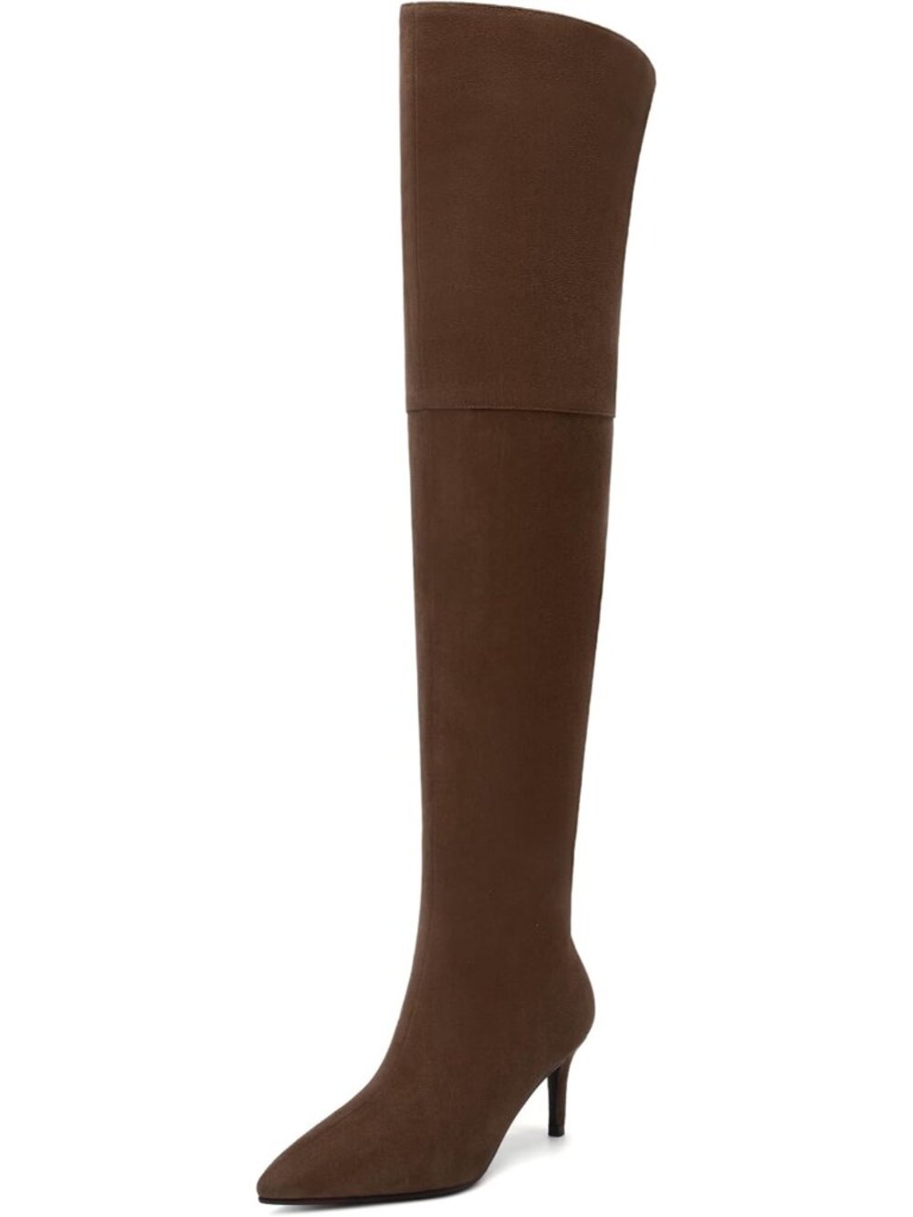 Women's Brown Suede Thigh High Boots Over the Knee Pointed Toe Pull On Wide Calf